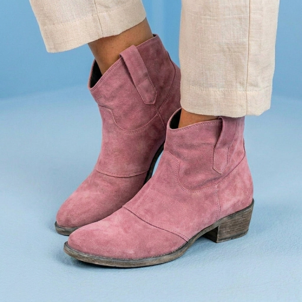 Orthopedic Suede Western Ankle Boots - Low Block Heel Pull-On
