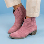 Orthopedic Suede Western Ankle Boots - Low Block Heel Pull-On