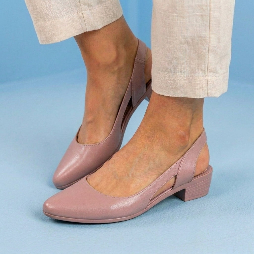 Orthopedic Leather V-Cut Block Heel Pumps - Topstitch Detail