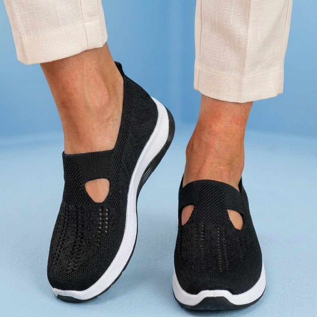 Orthopedic Knit Slip-On Wedge Sneakers - Cutout Teardrop Design & Rocker Sole