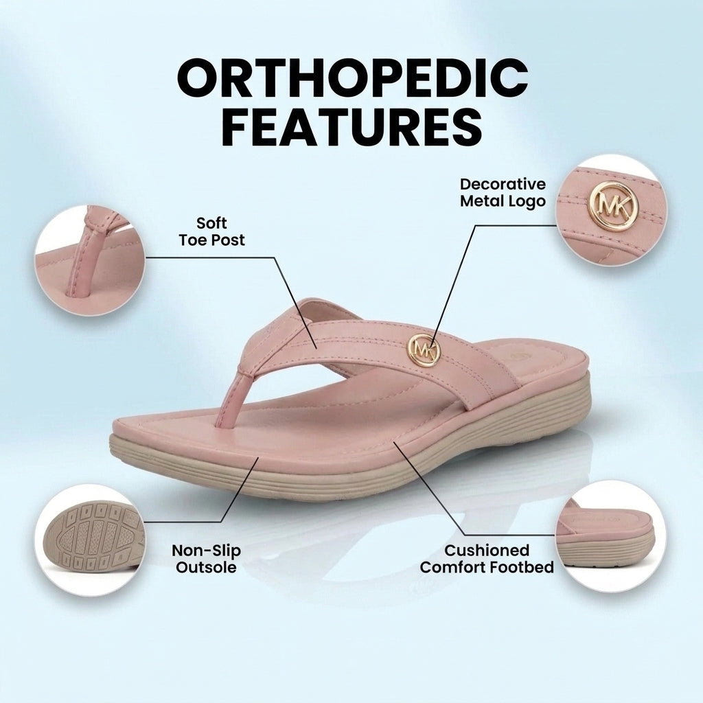 Orthopedic Leather Flip Flops - Thong Style Design & Gold Accent Hardware