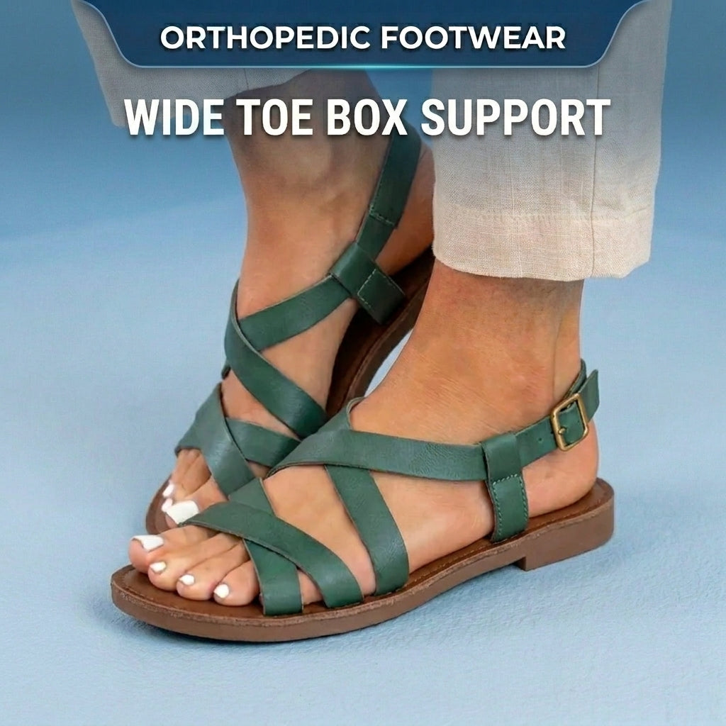 Orthopedic Leather Gladiator Sandals - Cross-Strap Ankle Buckle