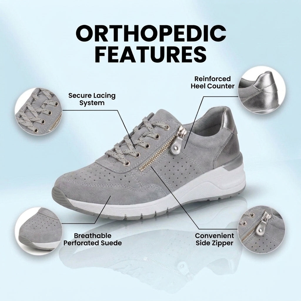 Orthopedic Suede Platform Sneakers - Perforated Design & Metallic Heel Counter