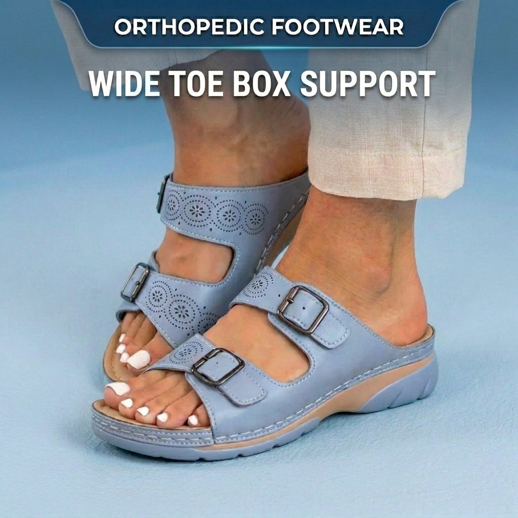 Orthopedic Leather Platform Slide Sandals - Double Buckle Perforated Design