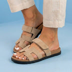 Orthopedic Leather H-Strap Slide Sandals - Adjustable Buckle Closure