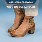 Orthopedic Leather Ankle Boots - Block Heel Double Buckle Strap
