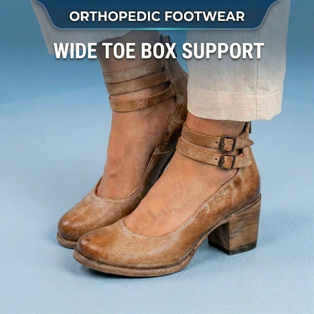 Orthopedic Leather Ankle Boots - Block Heel Double Buckle Strap