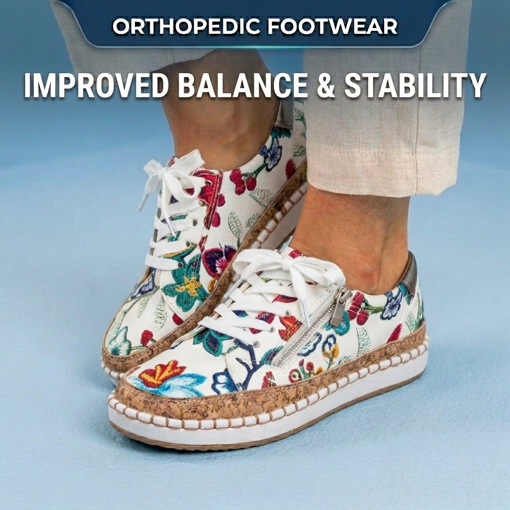 Orthopedic Canvas Espadrille Sneakers - Embroidered Floral Pattern & Cork Trim Detail