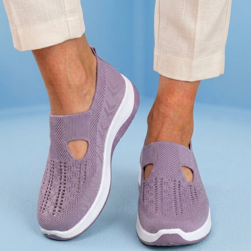 Orthopedic Knit Slip-On Wedge Sneakers - Cutout Teardrop Design & Rocker Sole