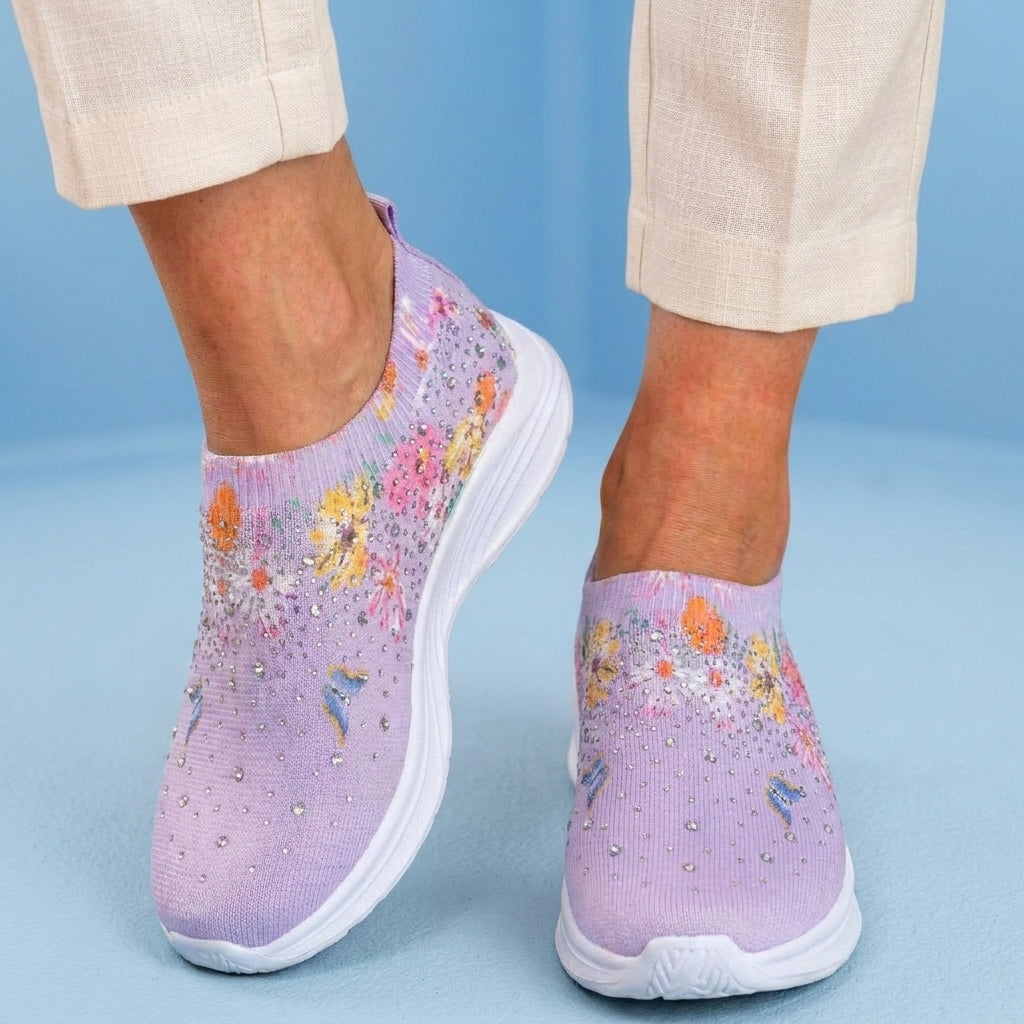 Orthopedic Knit Slip-On Sneakers - Butterfly & Floral Print & Crystal Embellishments