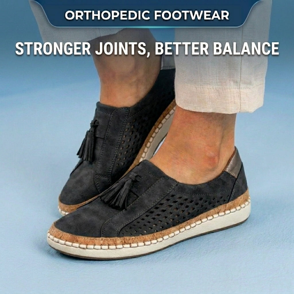Orthopedic Leather Slip-On Sneakers - Tassel & Perforated Detail