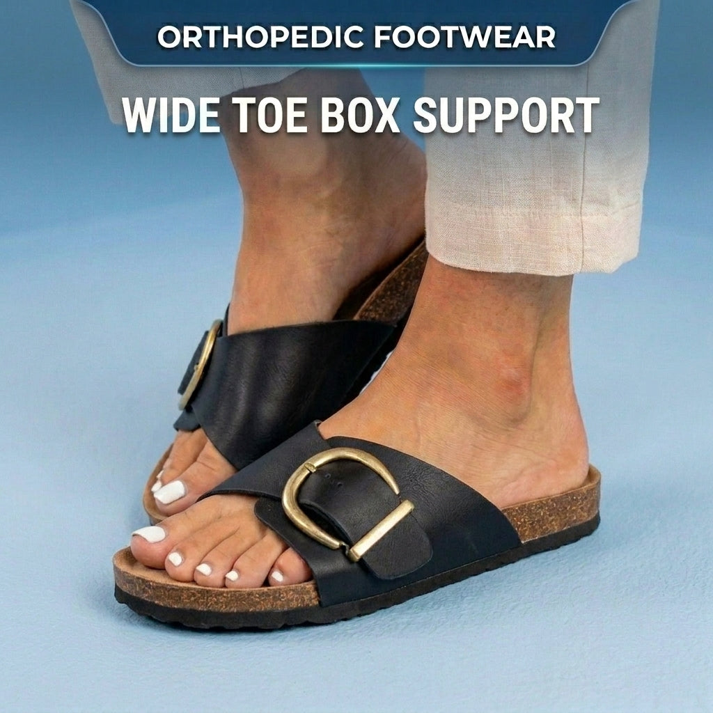 Orthopedic Leather Cork Slide Sandals - Oversized Buckle Detail