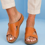 Orthopedic Leather Crossover Slide Sandals - Contrast Stitching Detail