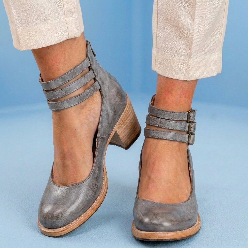 Orthopedic Leather Ankle Boots - Block Heel Double Buckle Strap