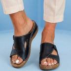 Orthopedic Leather Crossover Slide Sandals - Contrast Stitching Detail