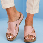 Orthopedic Leather Crossover Slide Sandals - Contrast Stitching Detail