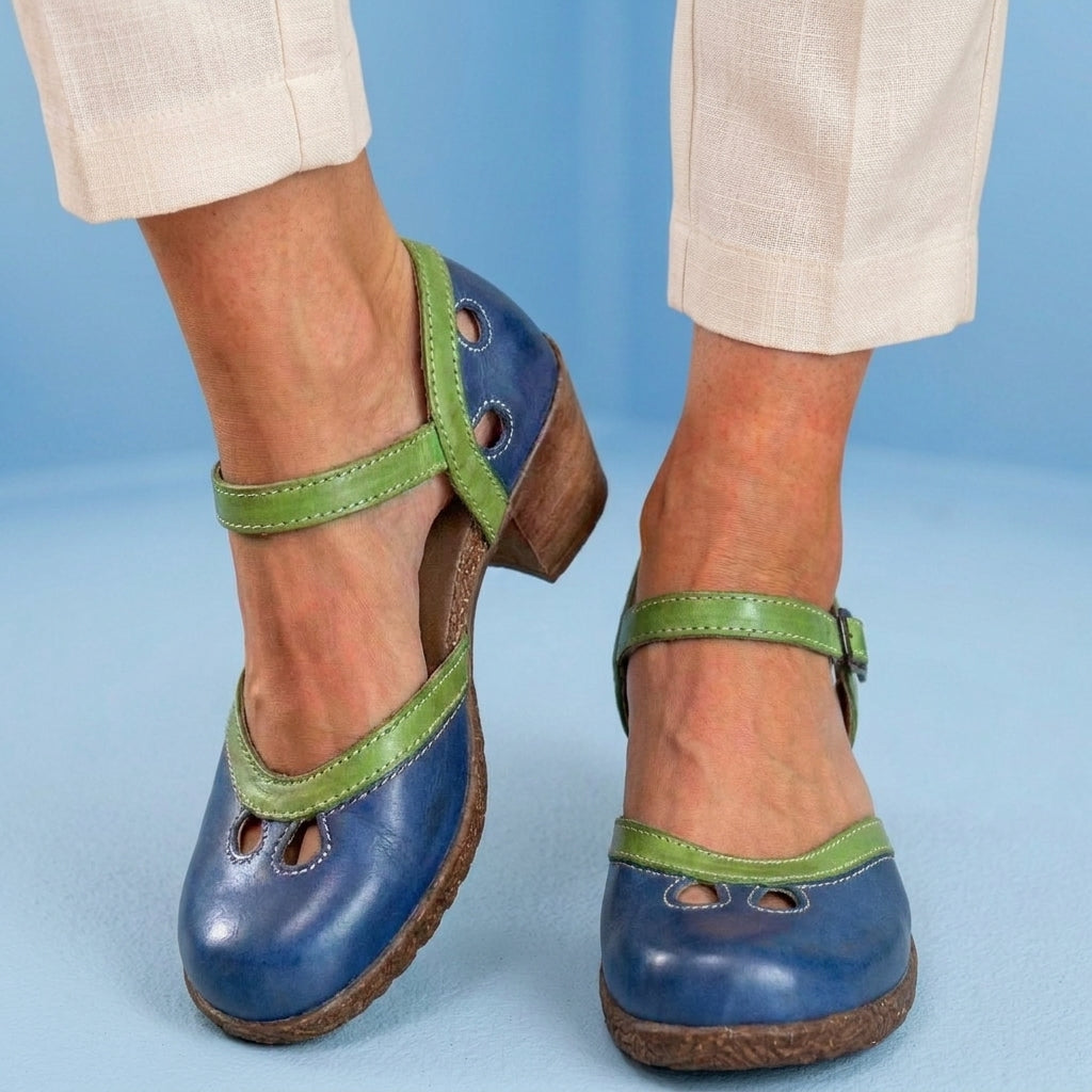 Orthopedic Leather Color-Block Mary Janes - Cutout Pattern & Dual-Buckle