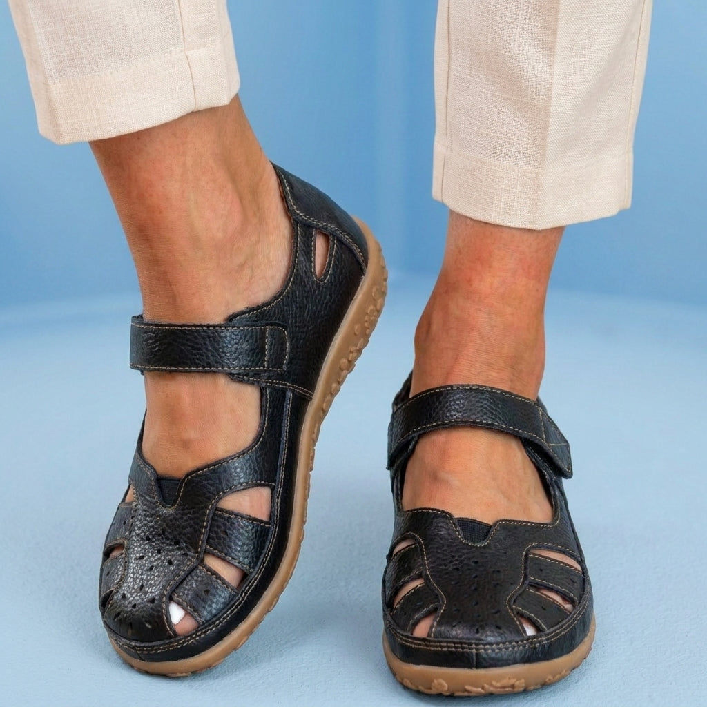 Orthopedic Leather Mary Jane Sandals - Perforated Design & Grip Sole