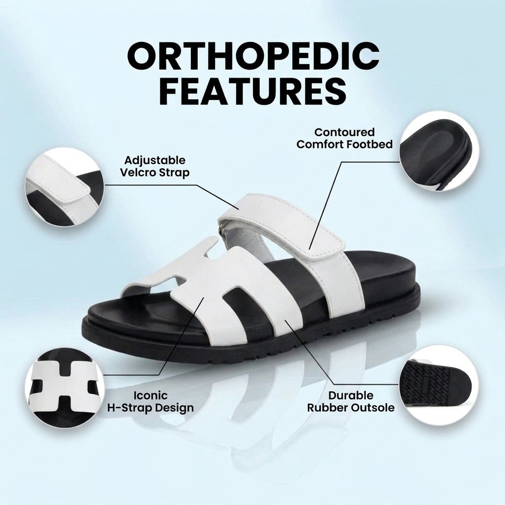Orthopedic Leather H-Strap Slide Sandals - Adjustable Buckle Closure
