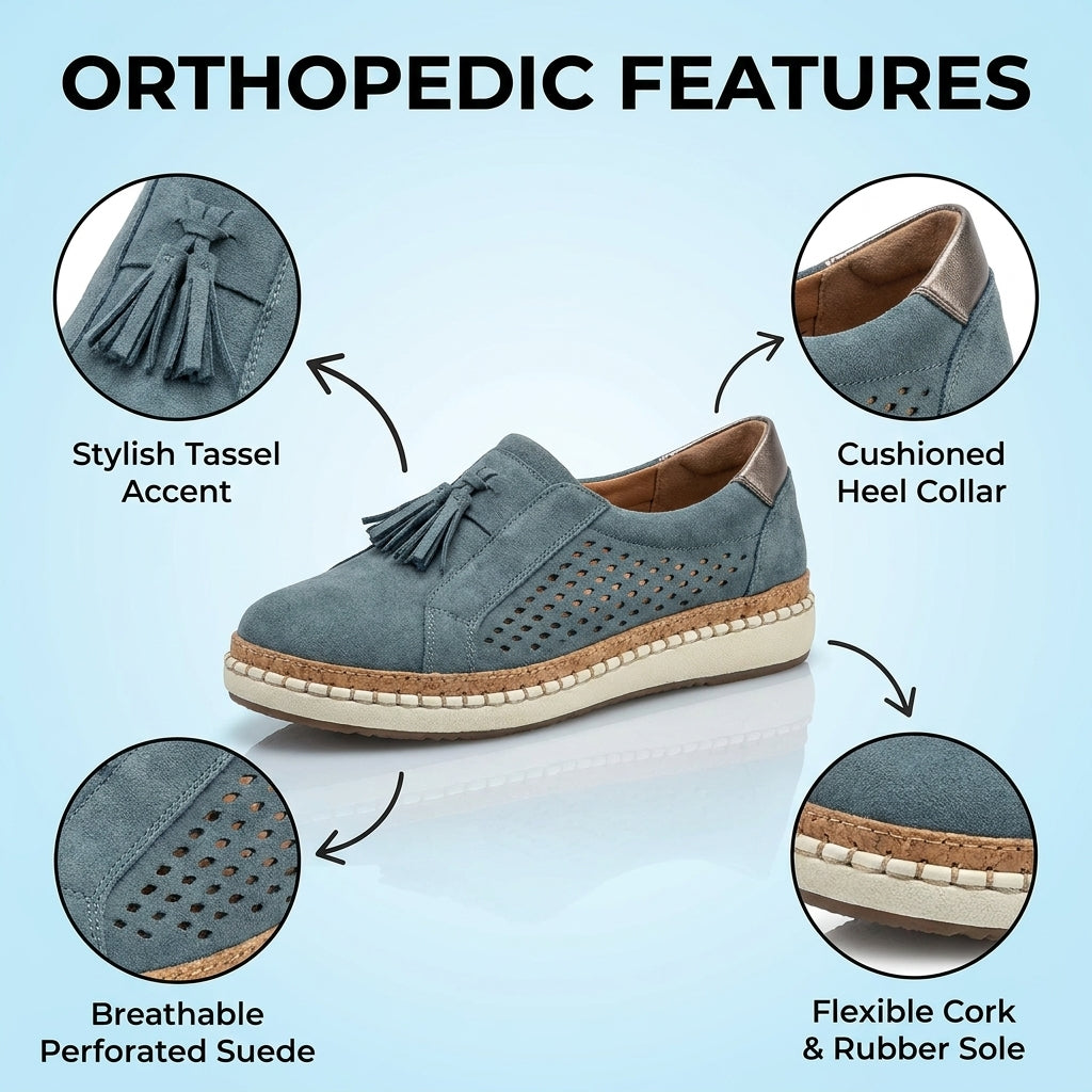 Orthopedic Leather Slip-On Sneakers - Tassel & Perforated Detail
