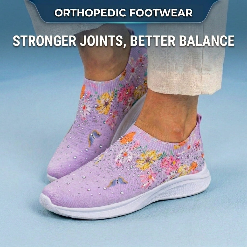 Orthopedic Knit Slip-On Sneakers - Butterfly & Floral Print & Crystal Embellishments
