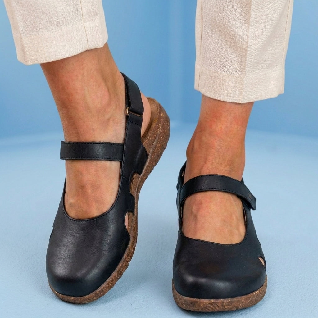 Orthopedic Leather Peep-Toe Flats - Side Cutout Detail