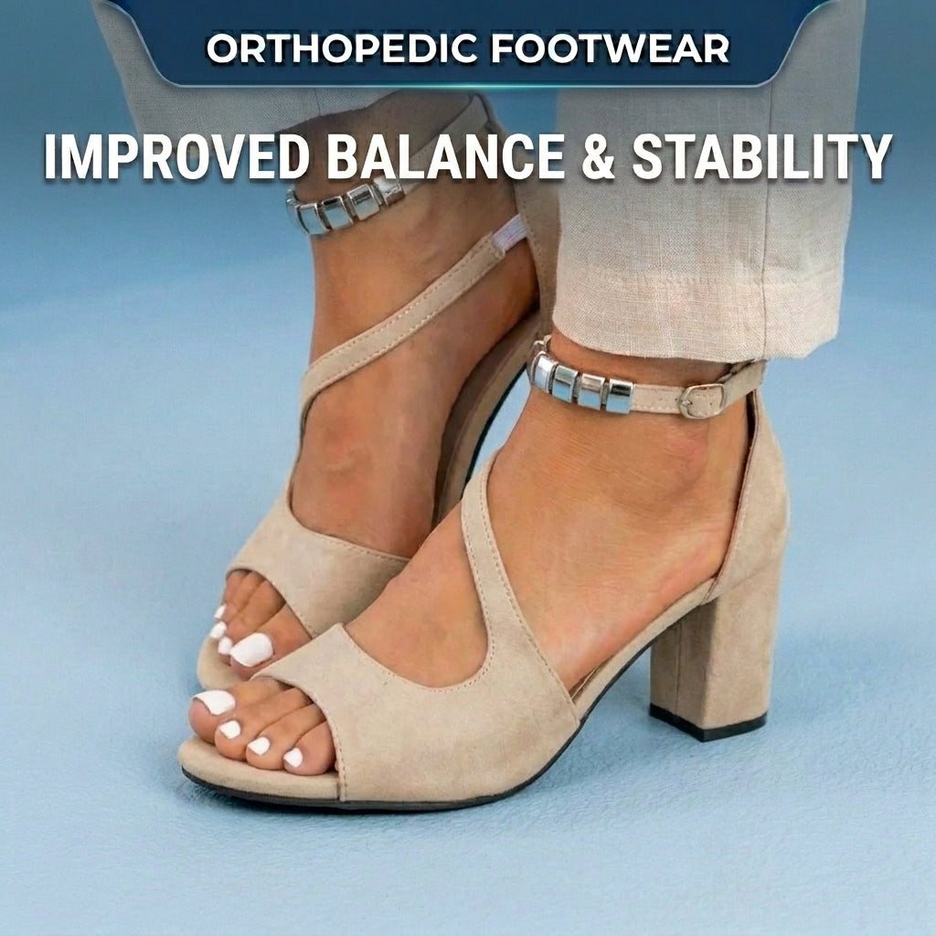 Orthopedic Suede Block Heel Sandals - Metallic Beaded Ankle Strap