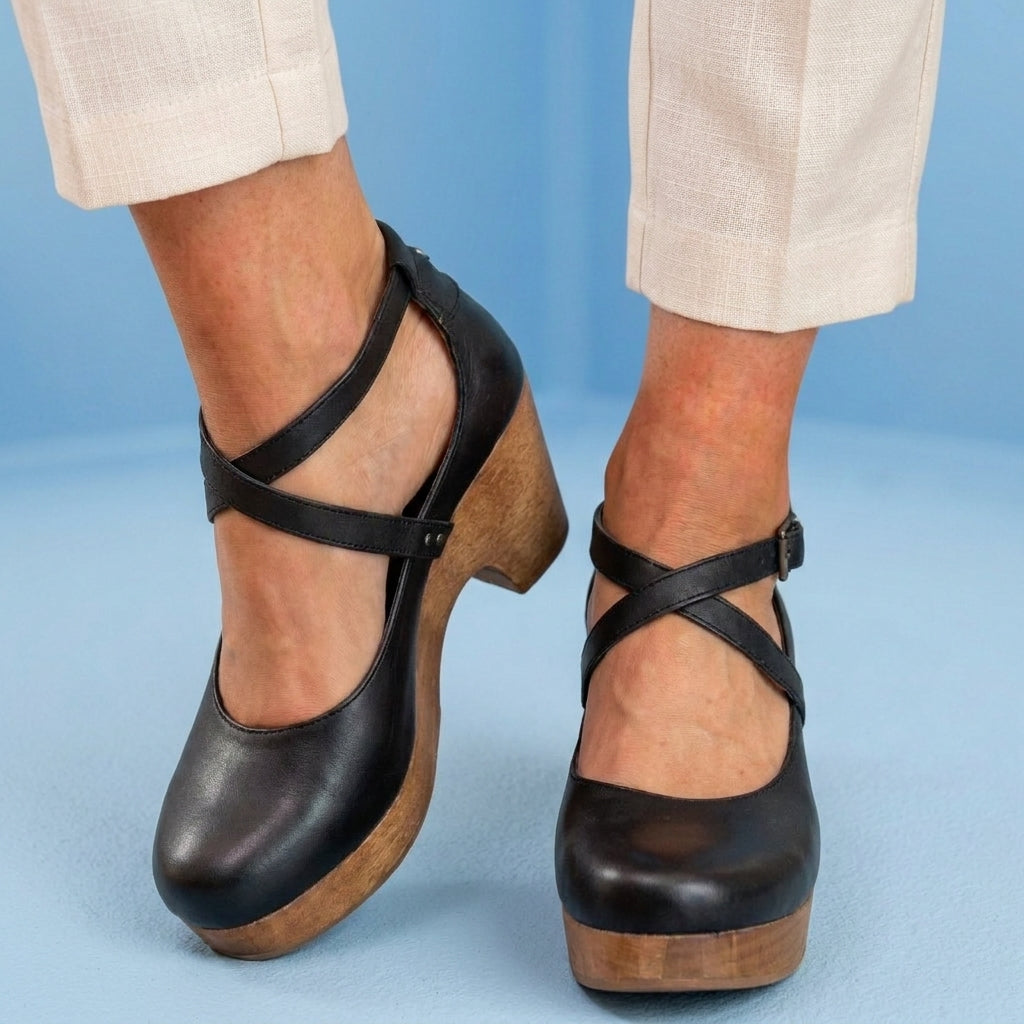 Orthopedic Leather Platform Heels - Crisscross Ankle Strap