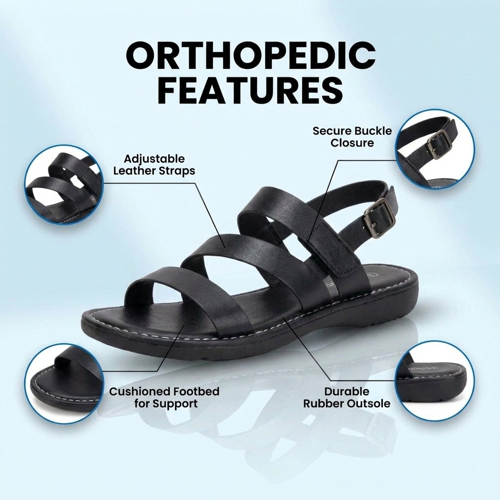 Orthopedic Leather Multi-Strap Sandals - Triple Buckle Closure