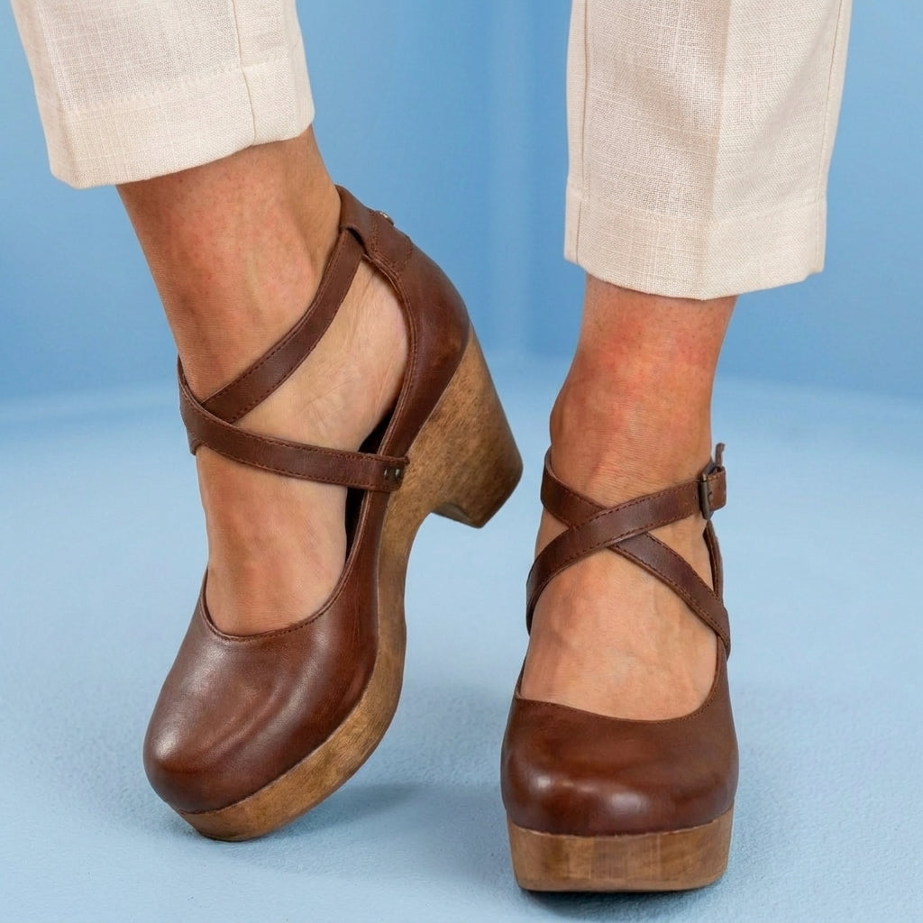 Orthopedic Leather Platform Heels - Crisscross Ankle Strap