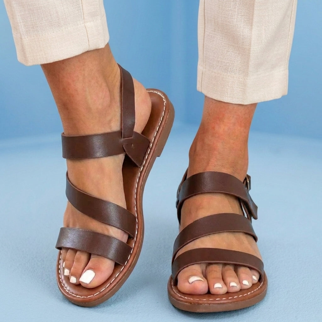 Orthopedic Leather Multi-Strap Sandals - Triple Buckle Closure