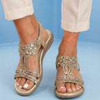 Orthopedic Embellished Wedge Sandals - Rhinestone Floral & Elastic Slingback
