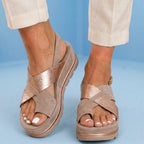 Orthopedic Platform Wedge Sandals - Metallic & Suede