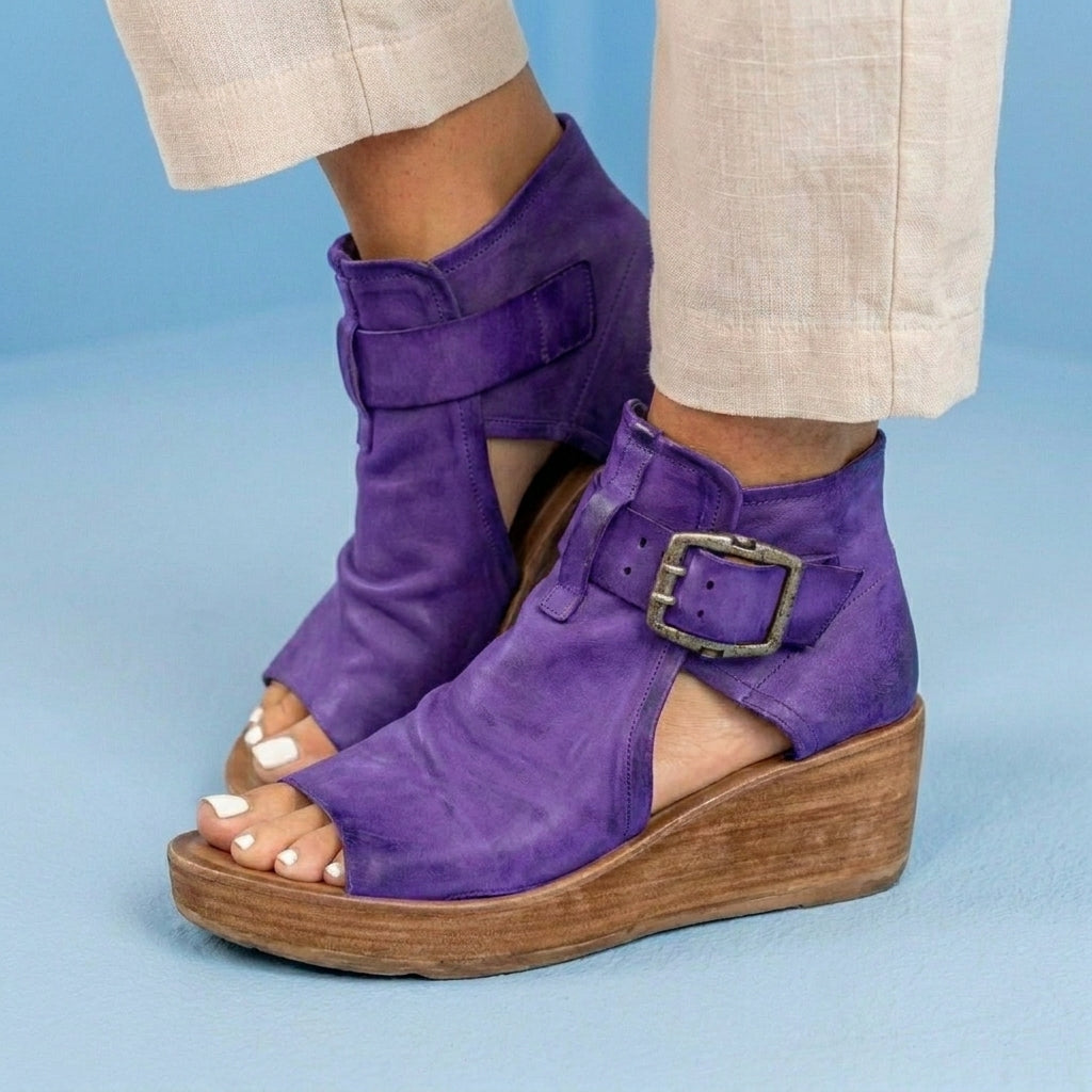 Orthopedic Leather Platform Sandals - Double Buckle Ankle Strap