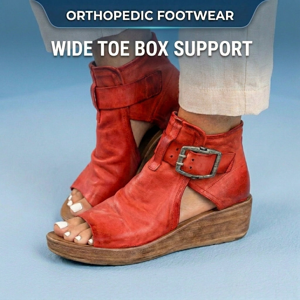 Orthopedic Leather Platform Sandals - Double Buckle Ankle Strap
