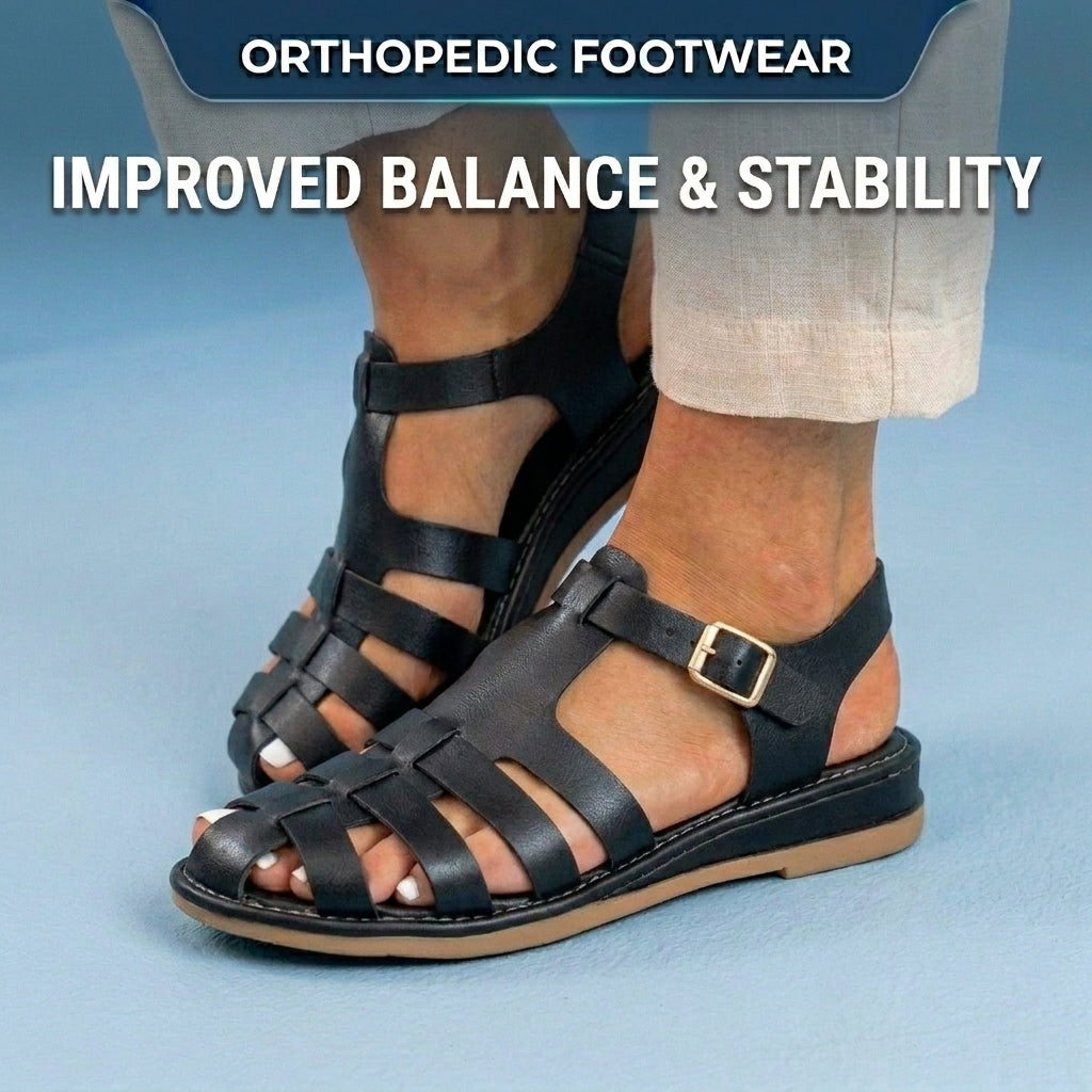 Orthopedic Leather Fisherman Sandals - Multi-Strap Buckle Closure