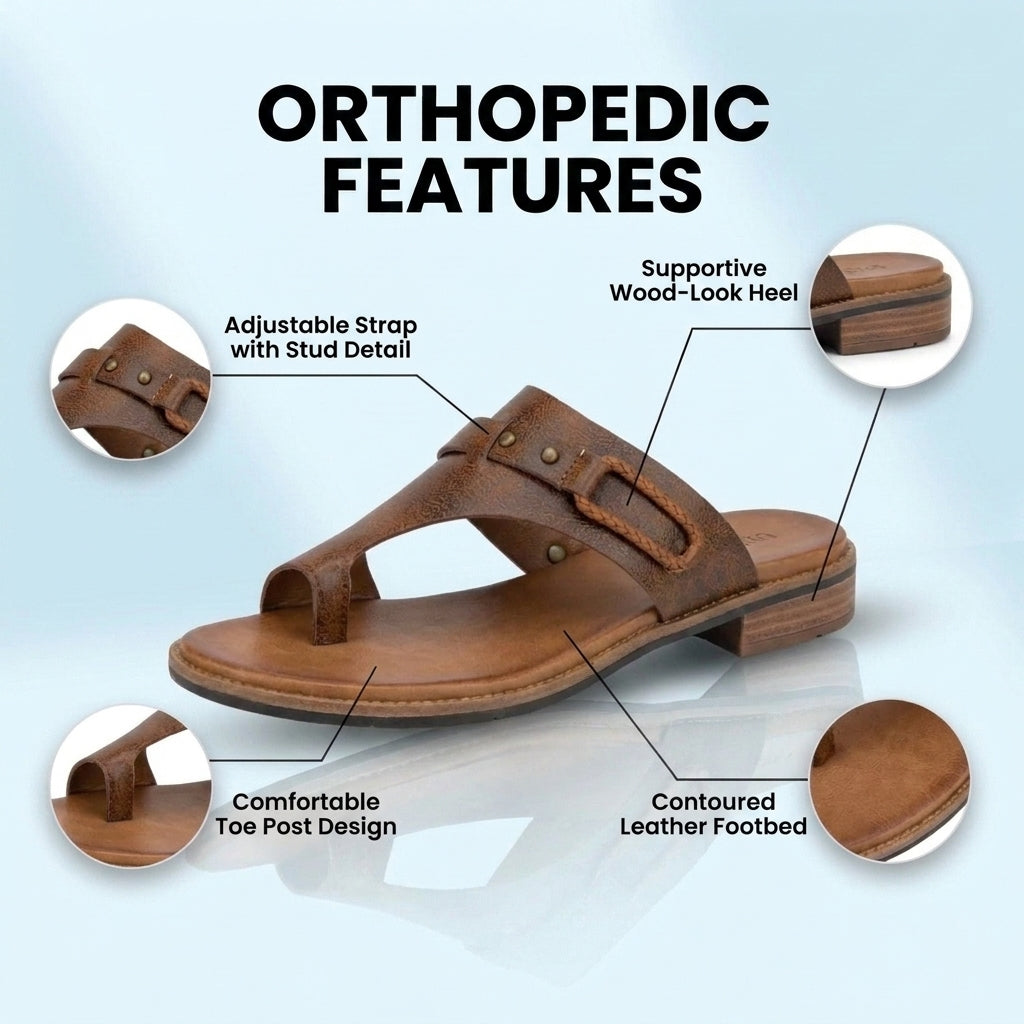Orthopedic Leather Toe-Loop Sandals - Buckle Accent Cork Footbed