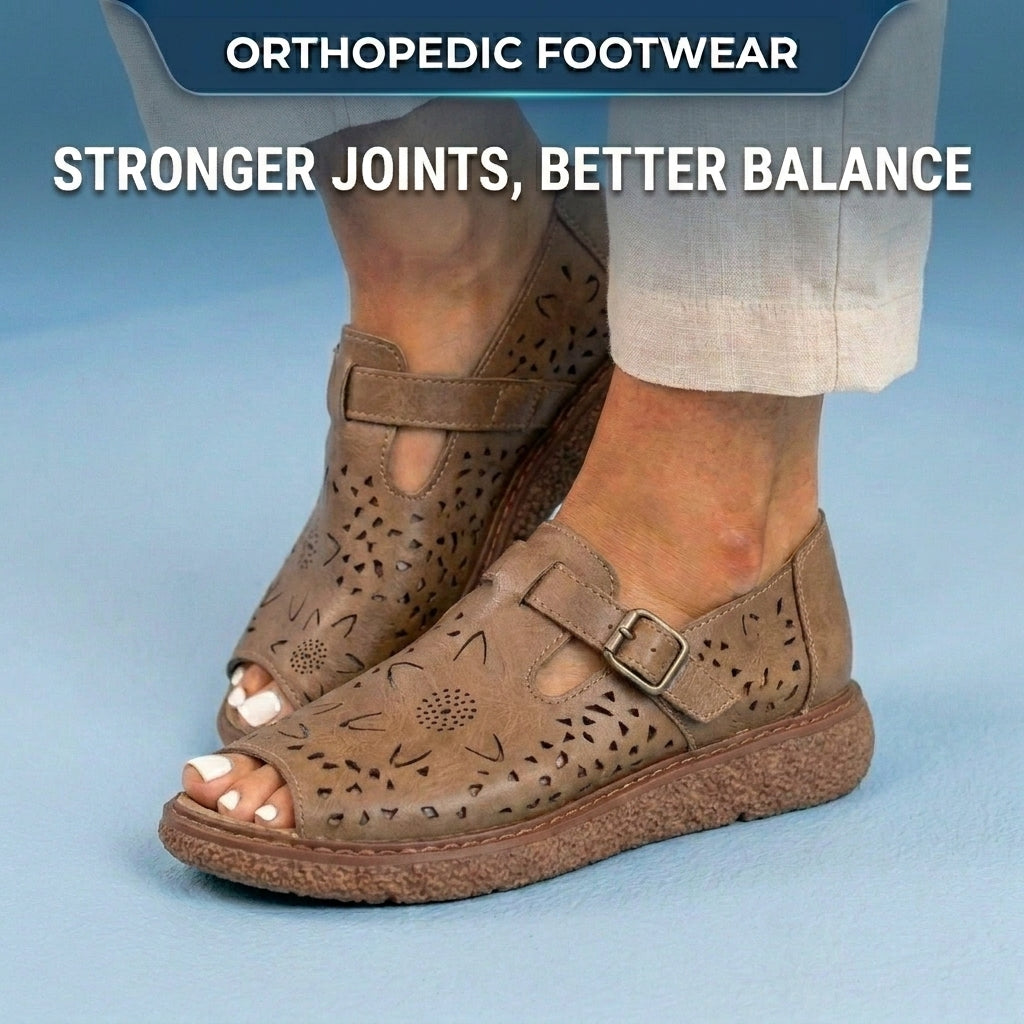 Orthopedic Leather Perforated Mary Janes - Floral Cutout T-Strap