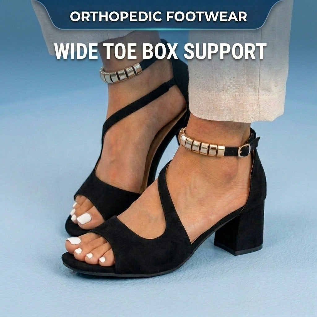 Orthopedic Suede Block Heel Sandals - Metallic Beaded Ankle Strap