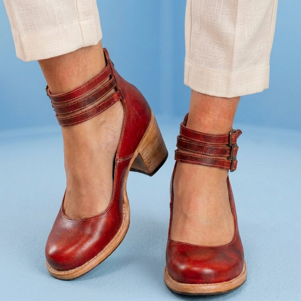 Orthopedic Leather Ankle Boots - Block Heel Double Buckle Strap