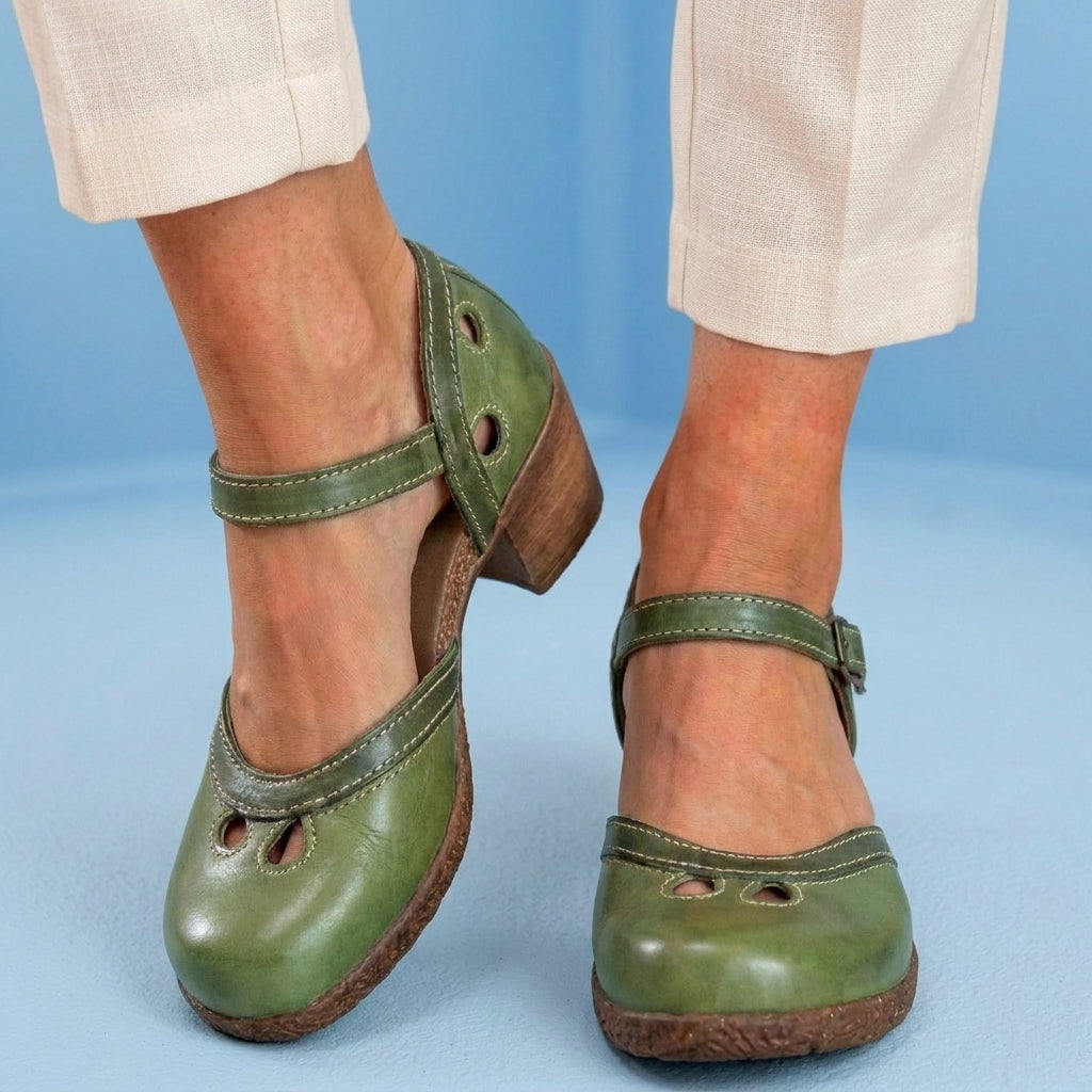 Orthopedic Leather Color-Block Mary Janes - Cutout Pattern & Dual-Buckle