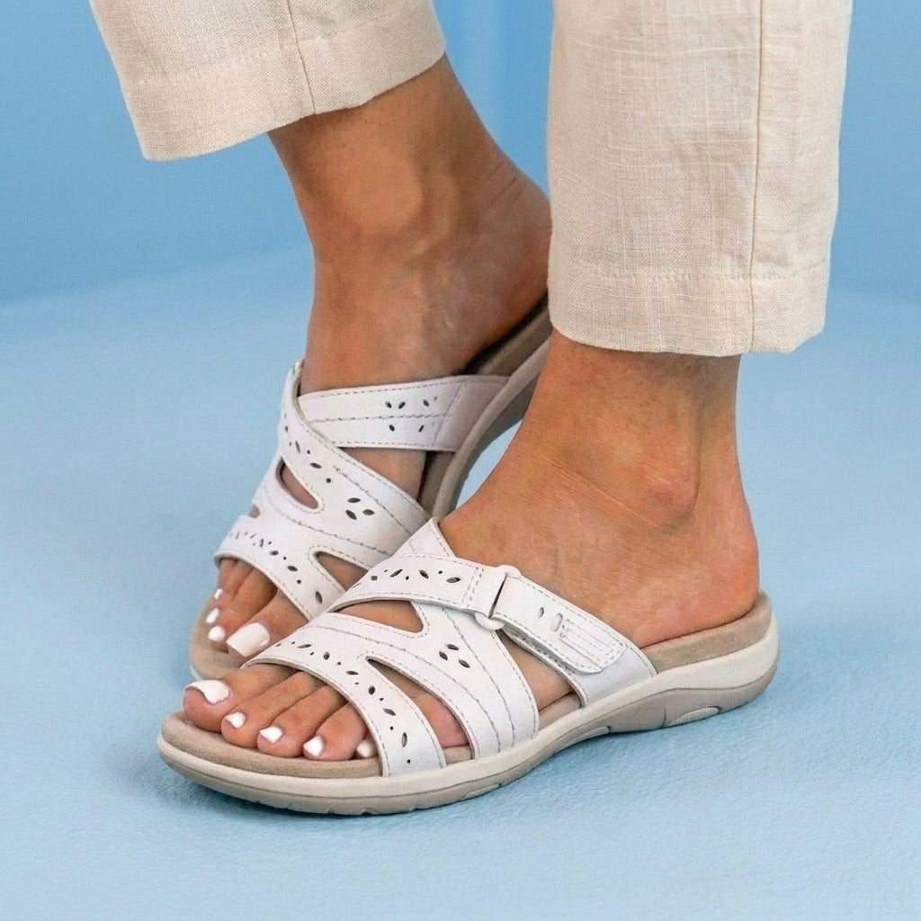 Orthopedic Suede Slide Sandals - Perforated Cutout & Velcro Closure
