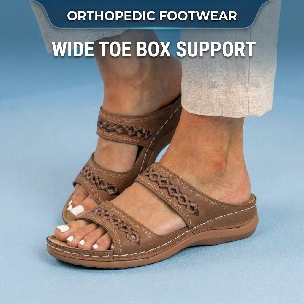 Orthopedic Leather Braided Slide Sandals - Triple Strap Woven Detail