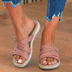 Orthopedic Suede Slide Sandals - Perforated Cutout & Velcro Closure