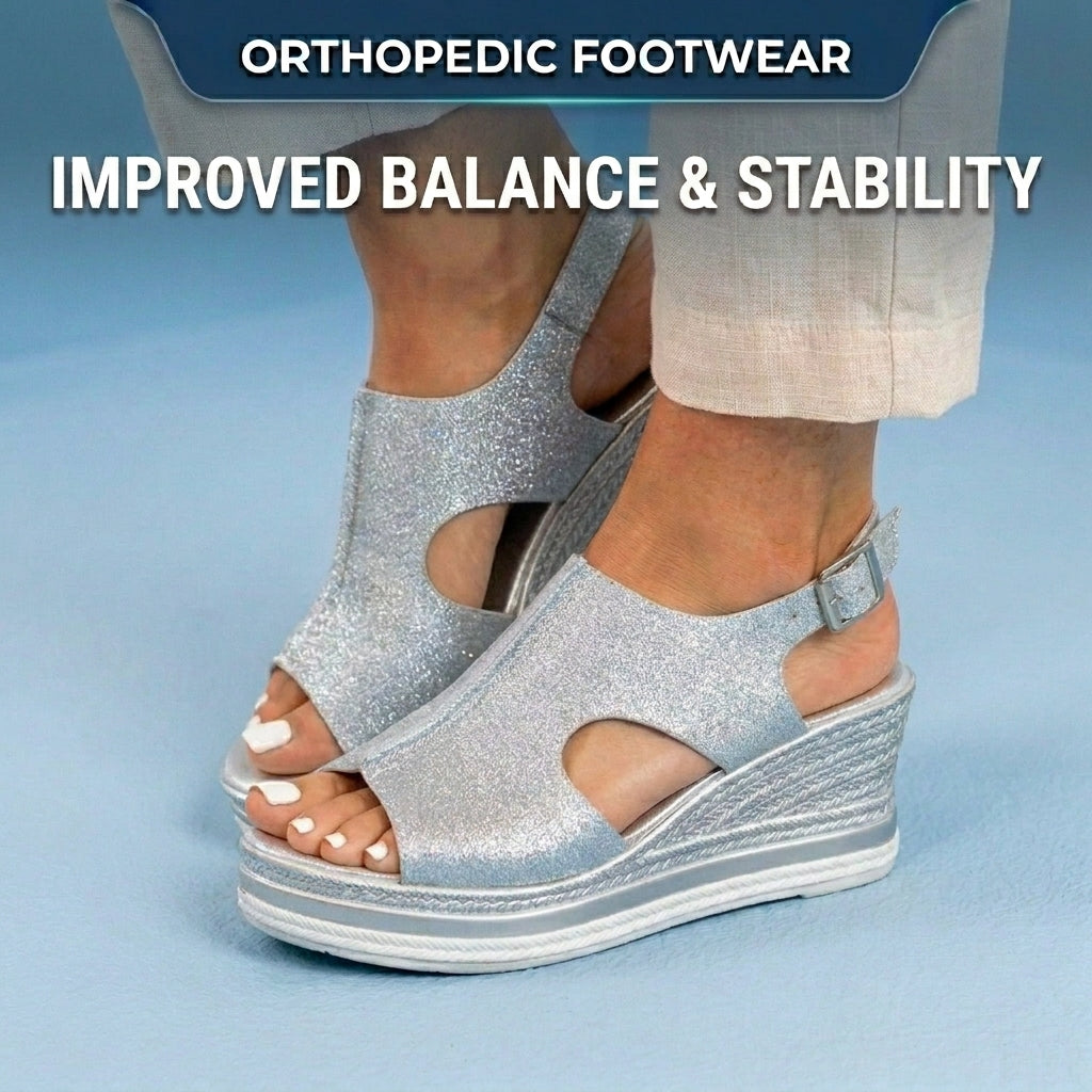 Orthopedic Platform Wedge Sandals - Espadrille Trim & Buckle Strap
