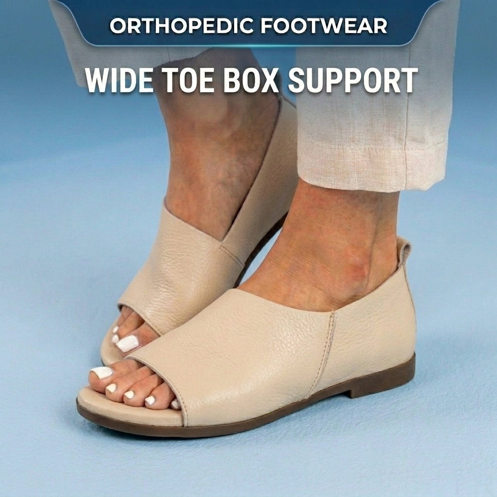 Orthopedic Leather Peep-Toe Wedge Slides - Wide Strap Design