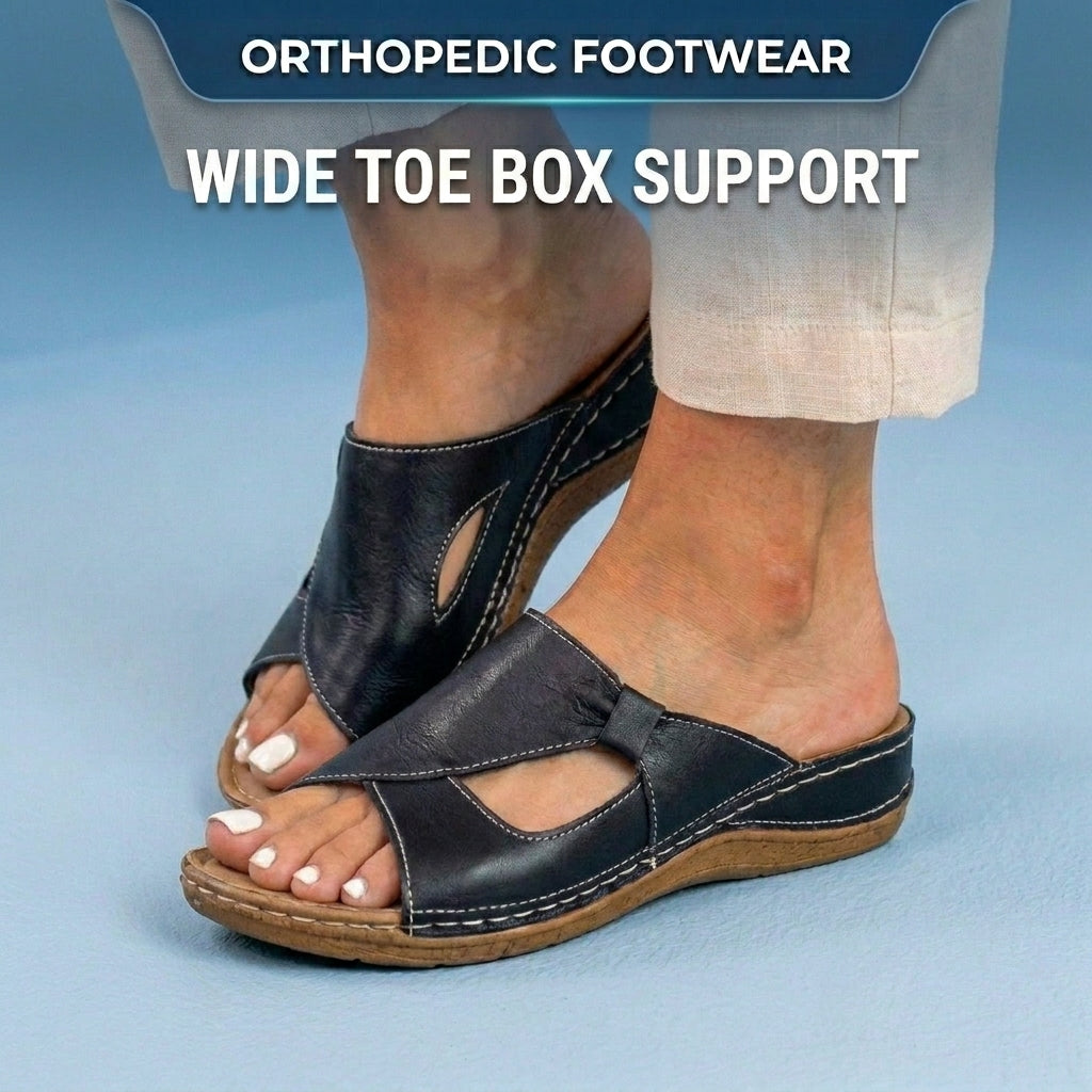 Orthopedic Leather Crossover Slide Sandals - Contrast Stitching Detail