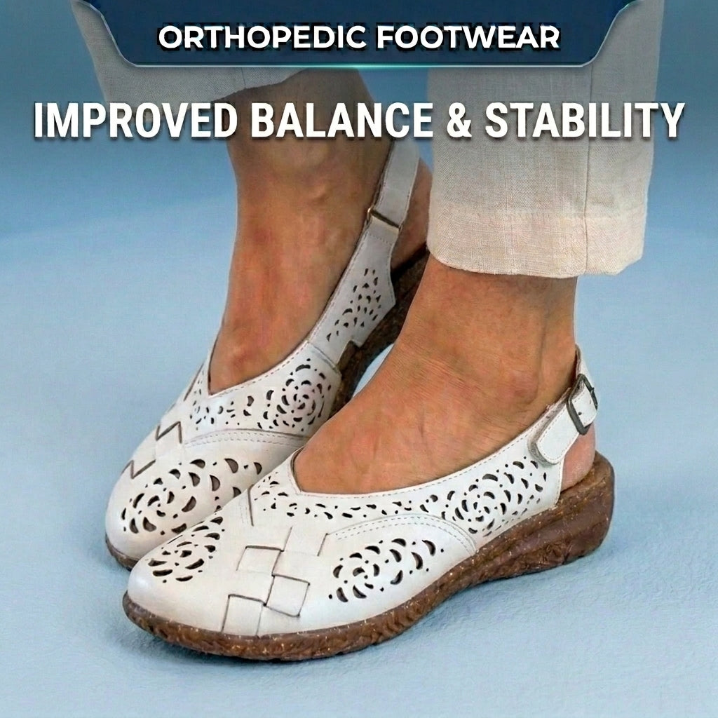 Orthopedic Leather Slingback Wedges - Perforated Floral Cutout Pattern