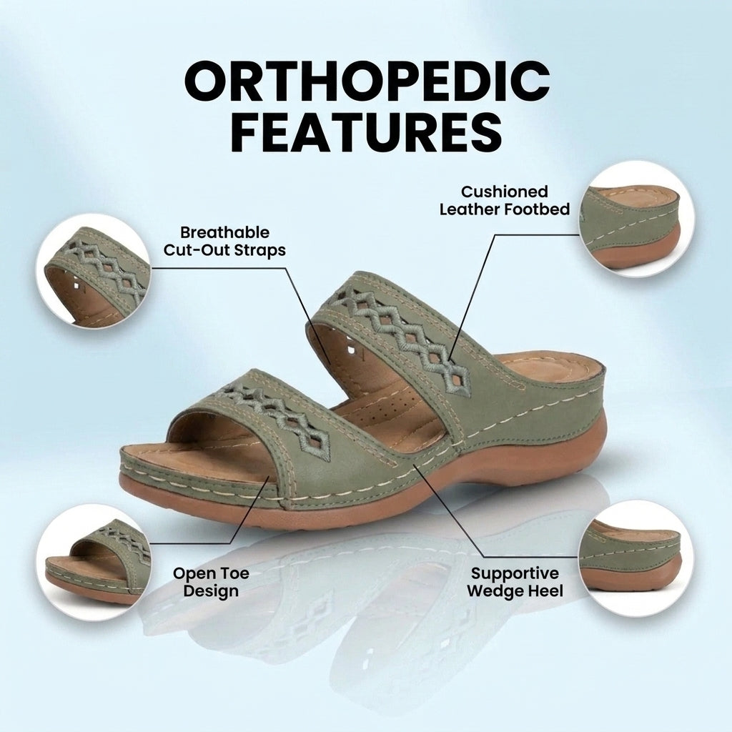 Orthopedic Leather Braided Slide Sandals - Triple Strap Woven Detail
