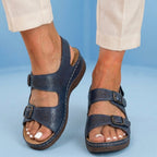 Orthopedic Leather Platform Slide Sandals - Double Buckle Perforated Design